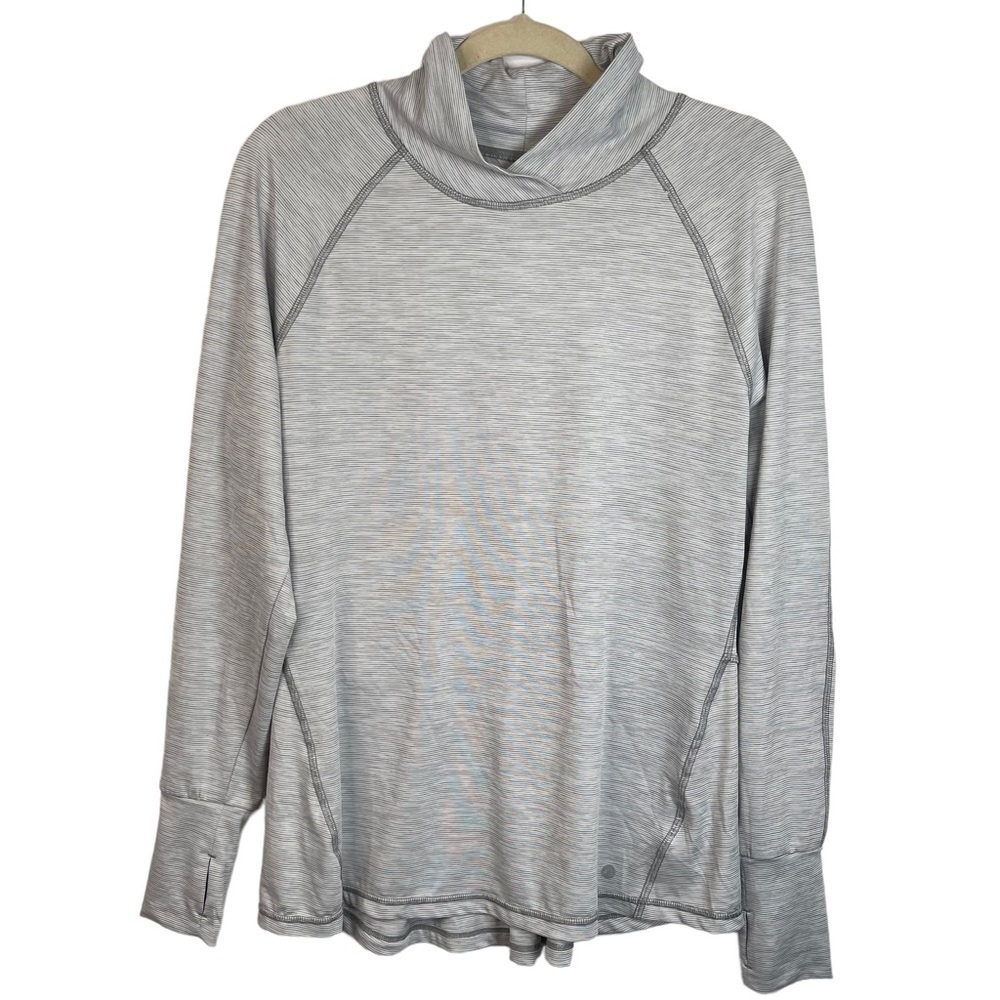 Apana Women’s Grey Striped Mock Neck Pullover Ruffled Activewear Sweater Large